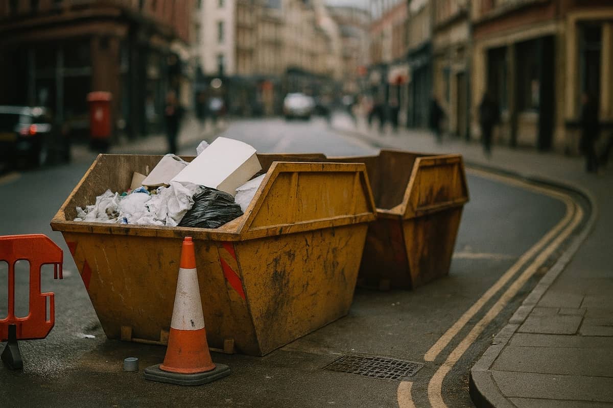 A rendered image of a skip on a city street